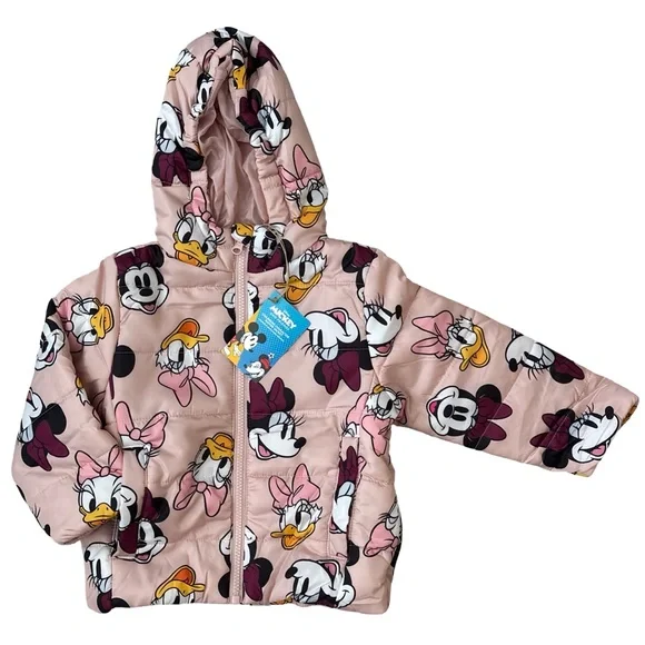 Disney Girls Minnie Mouse Daisy Duck Pink Hooded Winter Puffer Jacket Toddler 3T - Picture 5 of 16